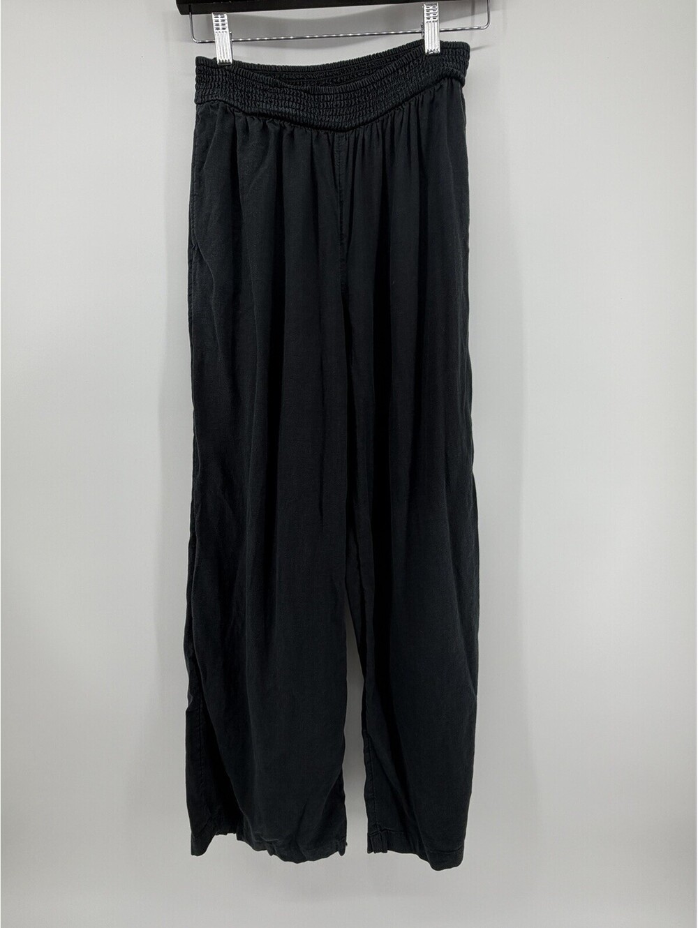 Aerie Women’s Black Linen Viscose Smocked Elastic Waist Wide-Leg Pants High Rise